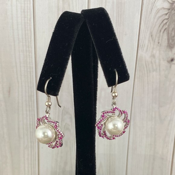 10MM Natural Fresh Water Pearls with Halo Set Rubies set in 925 Silver Earrings - Picture 2 of 5